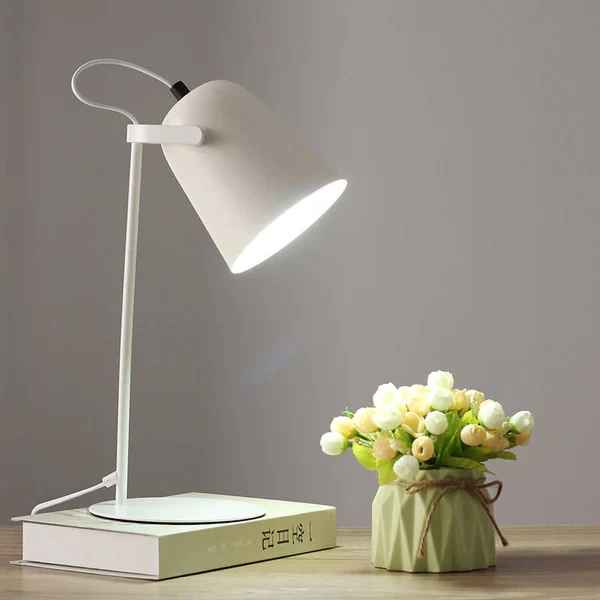 Colorful macaron table lamp with iron bucket base, offering whimsical ambient lighting for any desk.