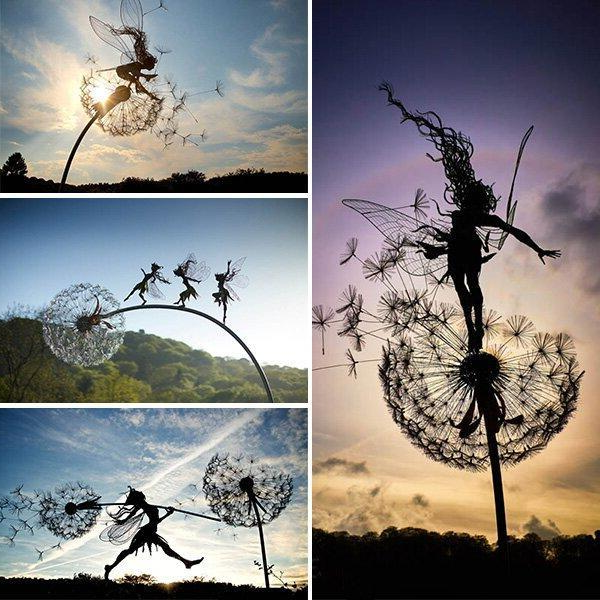 Whimsical metal dancing fairy garden stake with dandelion design. Perfect magical outdoor yard art decor.