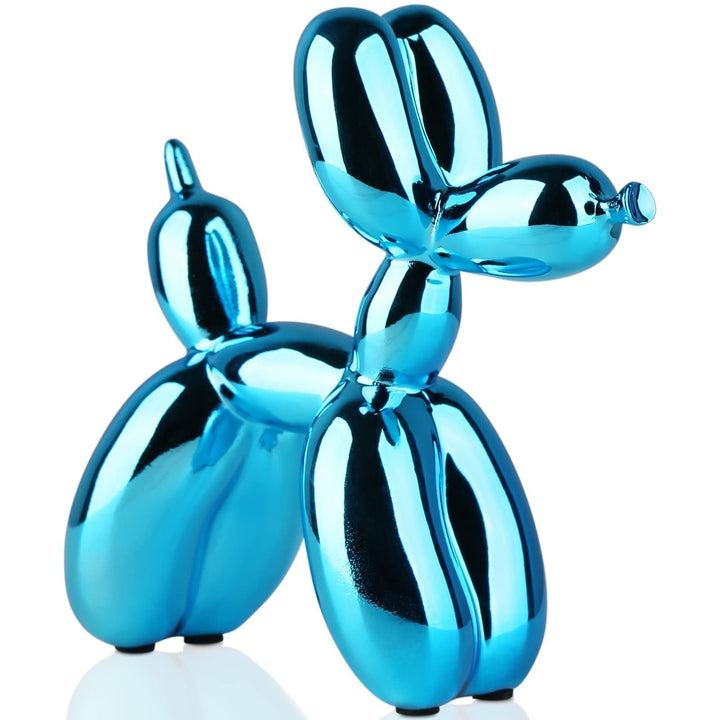 Stylish resin balloon dog sculpture in a metallic finish. Whimsical art for desktop decor or modern home accents.