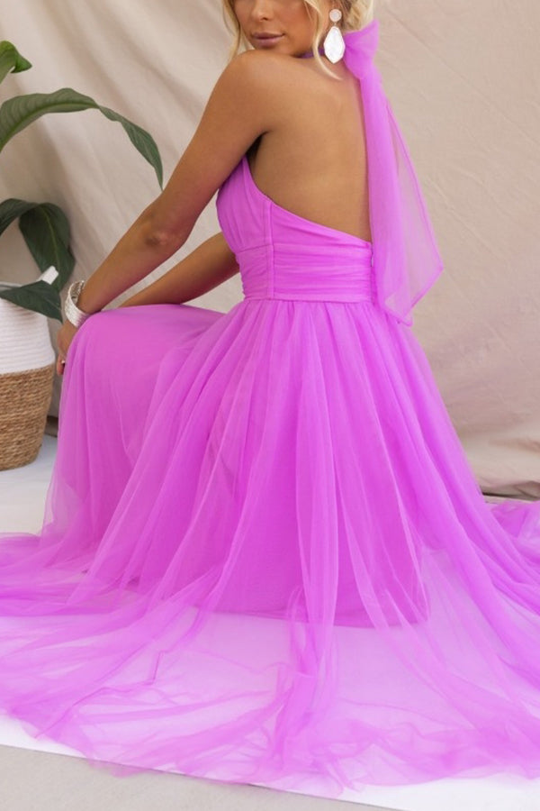 Colorful whimsical tulle midi dress for women. Elegant A-line formal gown, perfect for special events & parties.