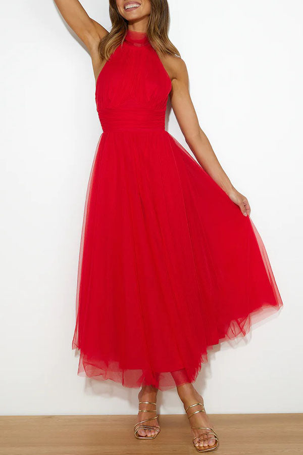 Luxurious multi-layered tulle midi dress for women. Ideal evening party & special occasion wedding guest attire.