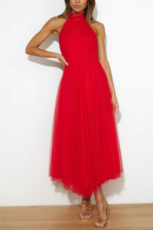 Chic wedding guest tulle midi dress for women. Elegant A-line formal party dress for any special occasion.