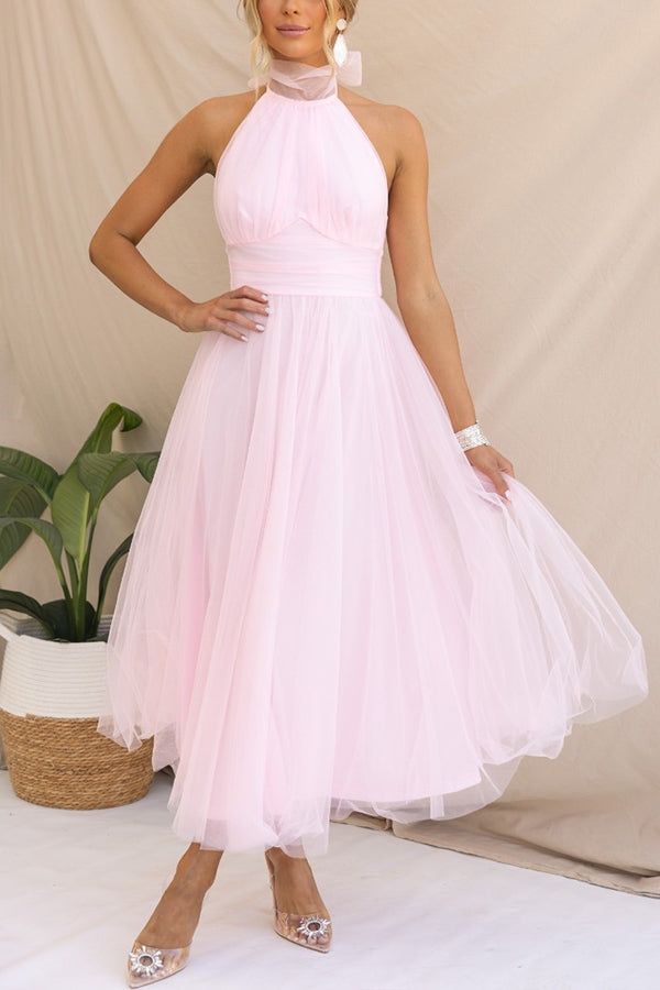 Elegant A-line whimsical tulle midi dress for women. Perfect cocktail or evening party gown for special events.