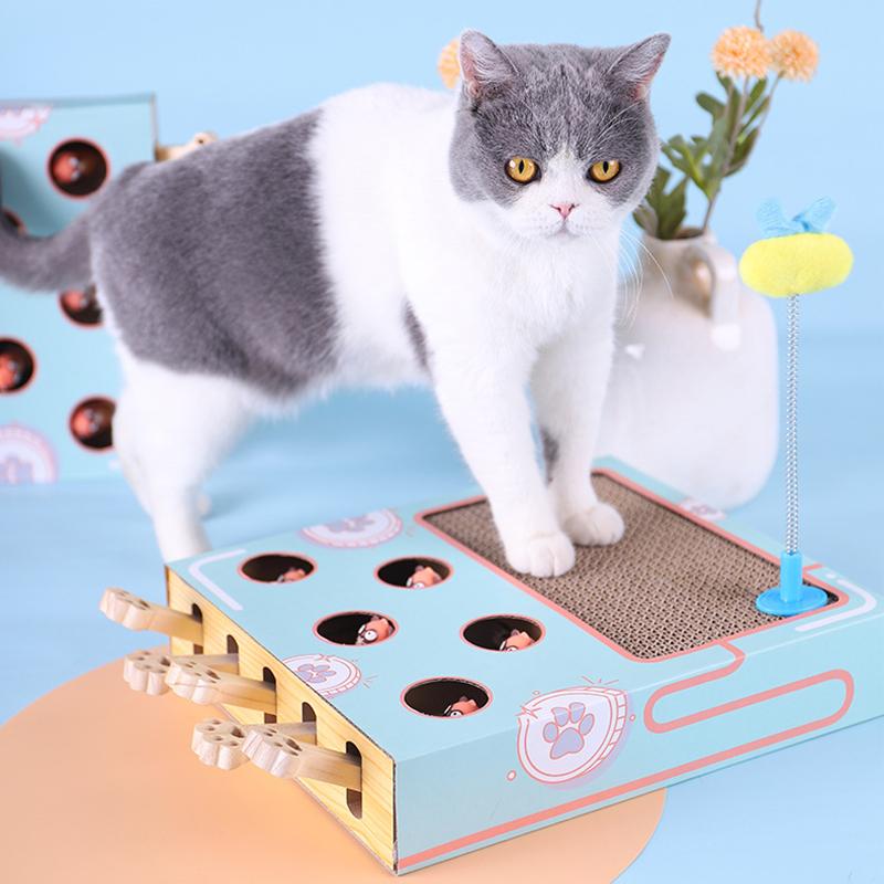Close-up of WhiskerPlay interactive cat toy showing spinning balls & textured scratching pad for feline fun.