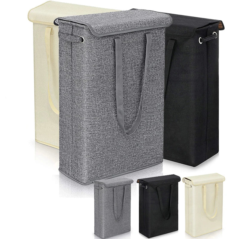 White 45L slim laundry basket with lid, ideal for narrow spaces in bathrooms or dorm rooms