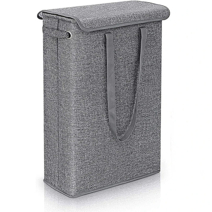 45L slim laundry basket with lid positioned in a small bathroom, highlighting its space-saving design