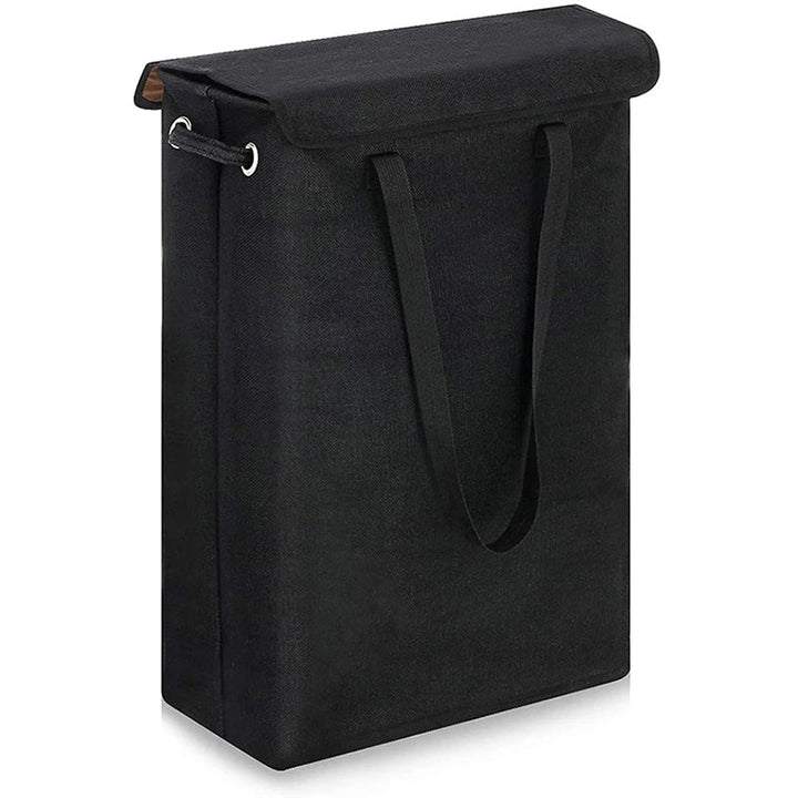 Unisex 45L slim laundry basket with lid, showcasing its compact form and easy-carry handles