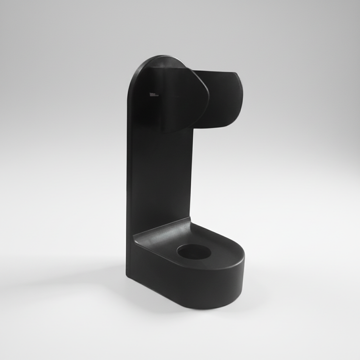Drill-free adhesive toothbrush organizer, white, securely attached to a tiled bathroom wall, home organization solution.