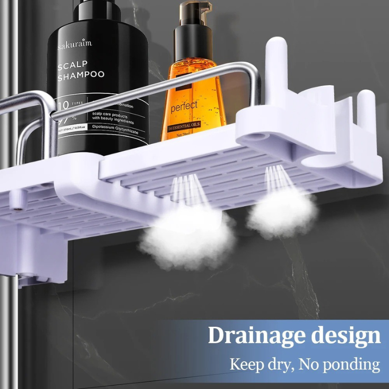 Lifestyle shot of a white adjustable waterproof shower caddy in a modern bathroom, holding toiletries