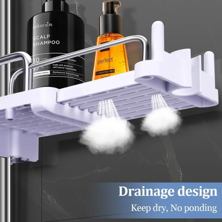 Lifestyle shot of a white adjustable waterproof shower caddy in a modern bathroom, holding toiletries