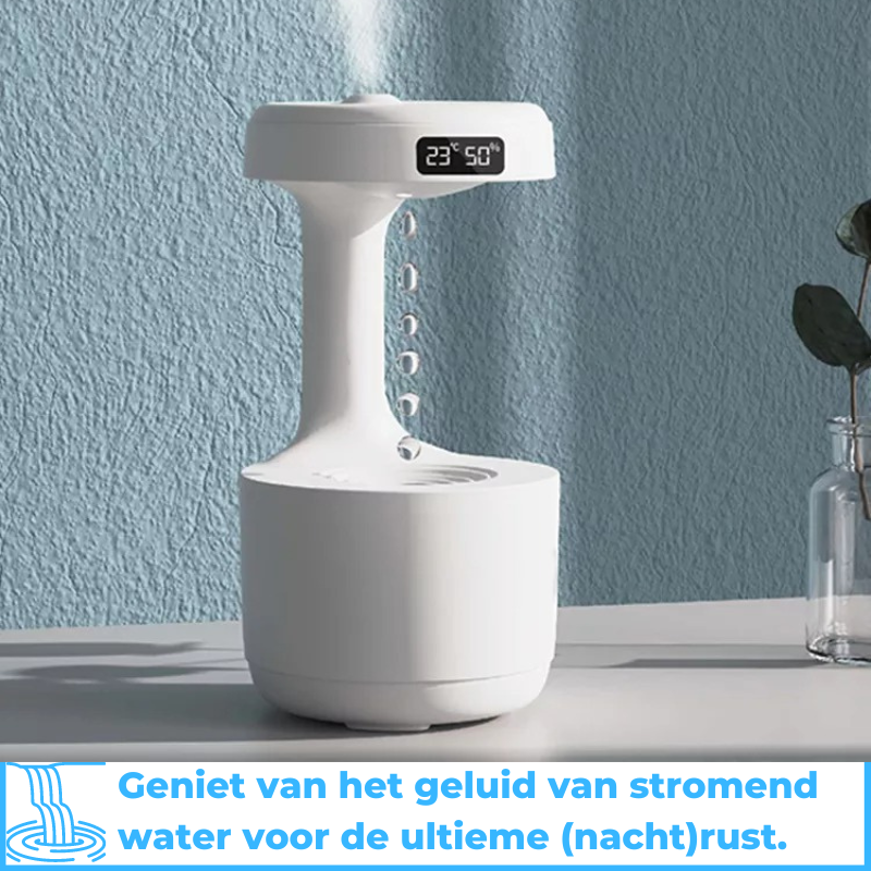 Modern AquaGlow anti-gravity diffuser in white. Humidifier for wellness, relaxation & home air quality.