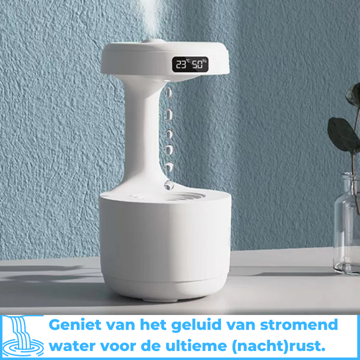 Modern AquaGlow anti-gravity diffuser in white. Humidifier for wellness, relaxation & home air quality.