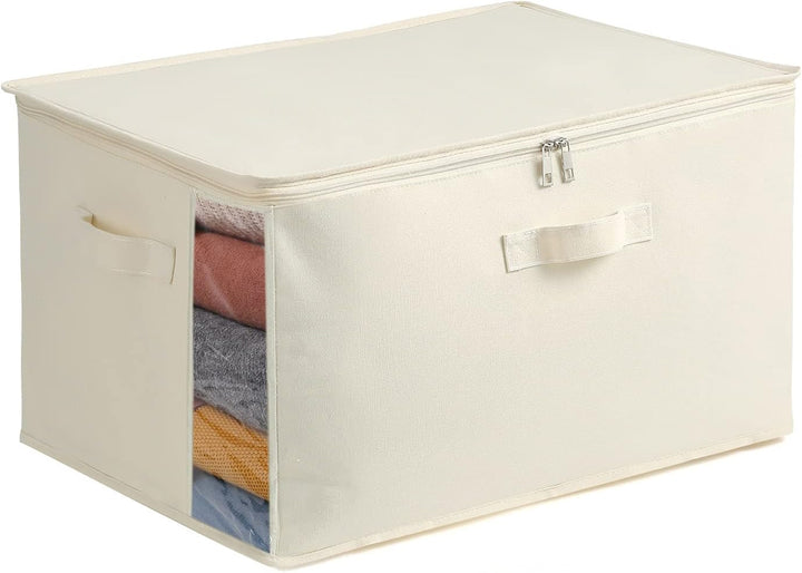 White canvas clothes storage organizer with dual zippers, handles, and clear window for home wardrobe.