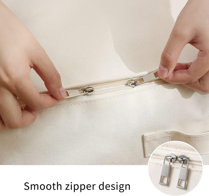 Closet canvas clothes organizer with a convenient clear window, dual zippers, and portable handles.