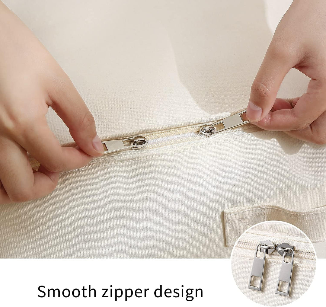 Home essential canvas storage organizer for clothes, bedding, with dual zippers and strong handles.