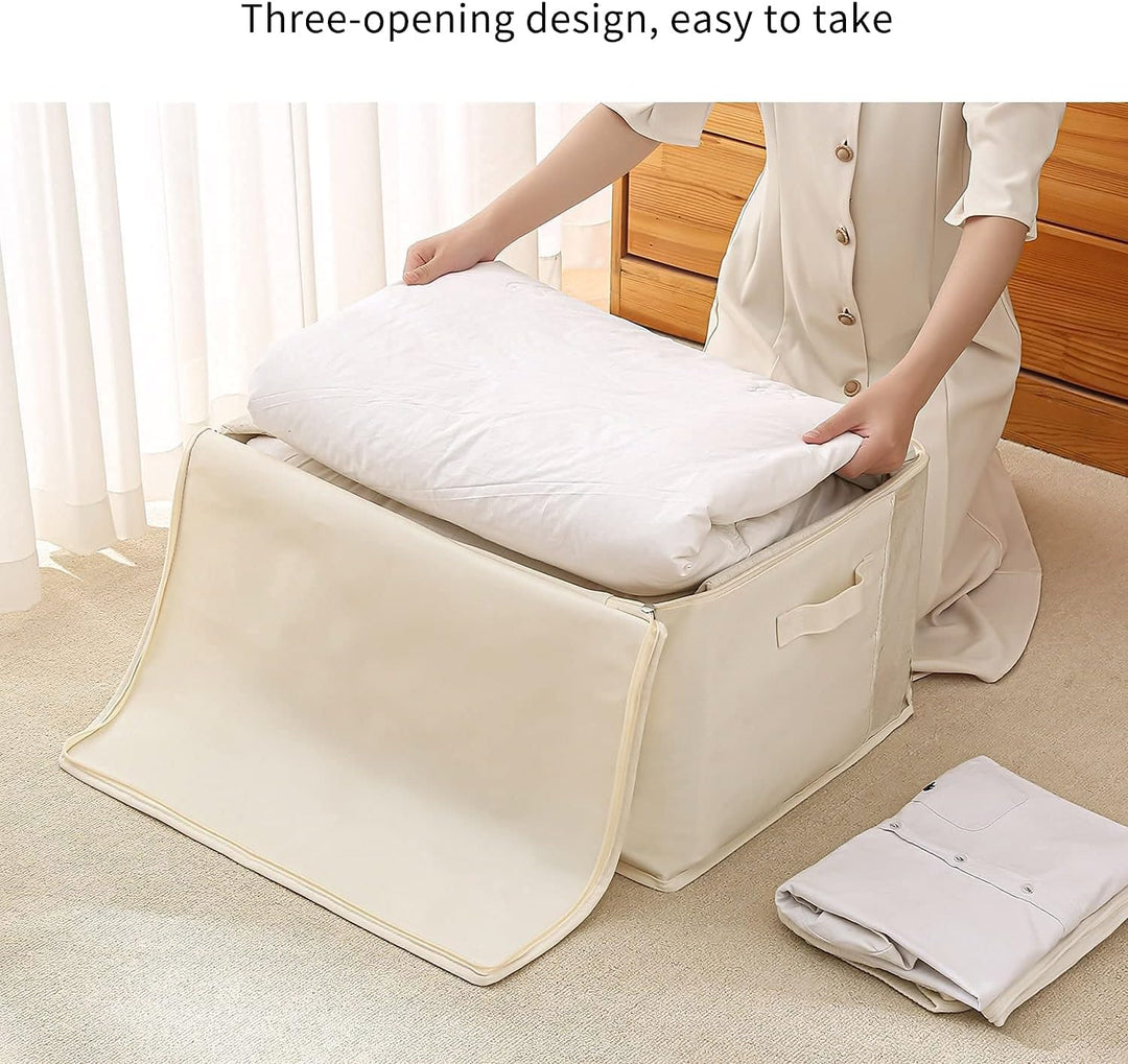Compact canvas storage solution for seasonal clothes, featuring dual zippers and durable handles.