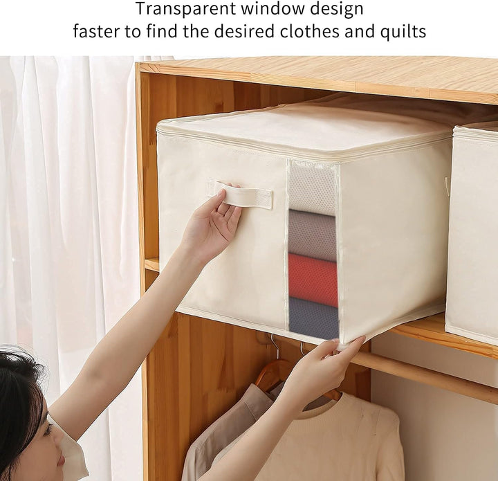 Canvas closet organizer in white, with dual zippers for easy access, and carrying handles.