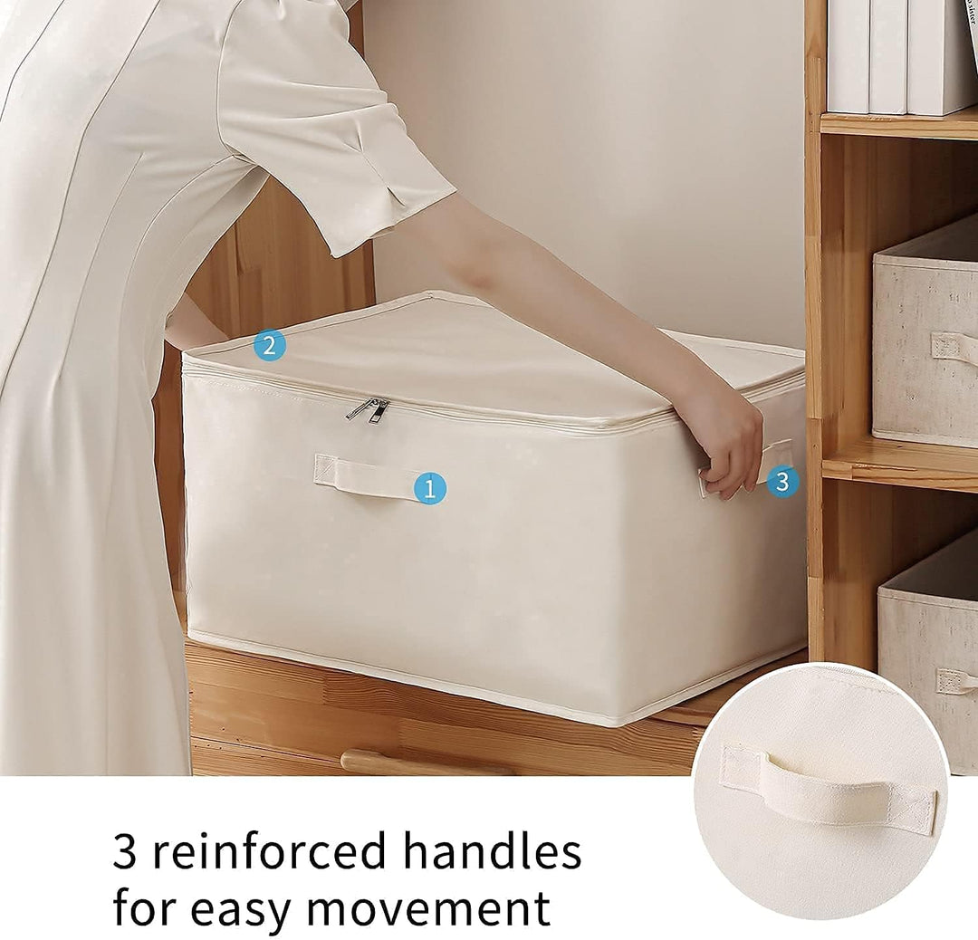 Breathable canvas storage container for bedding with dual zippers, handles, and label window.