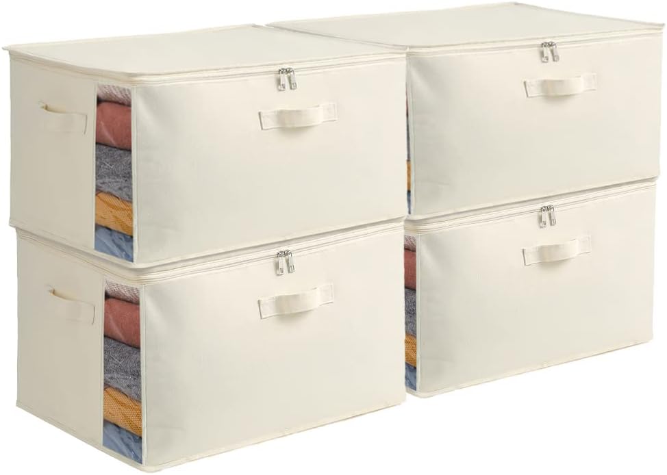Canvas fabric organizer for clothes and blankets, with dual zippers and robust carry handles.