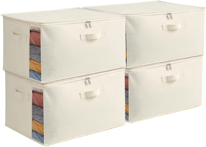 Canvas fabric organizer for clothes and blankets, with dual zippers and robust carry handles.