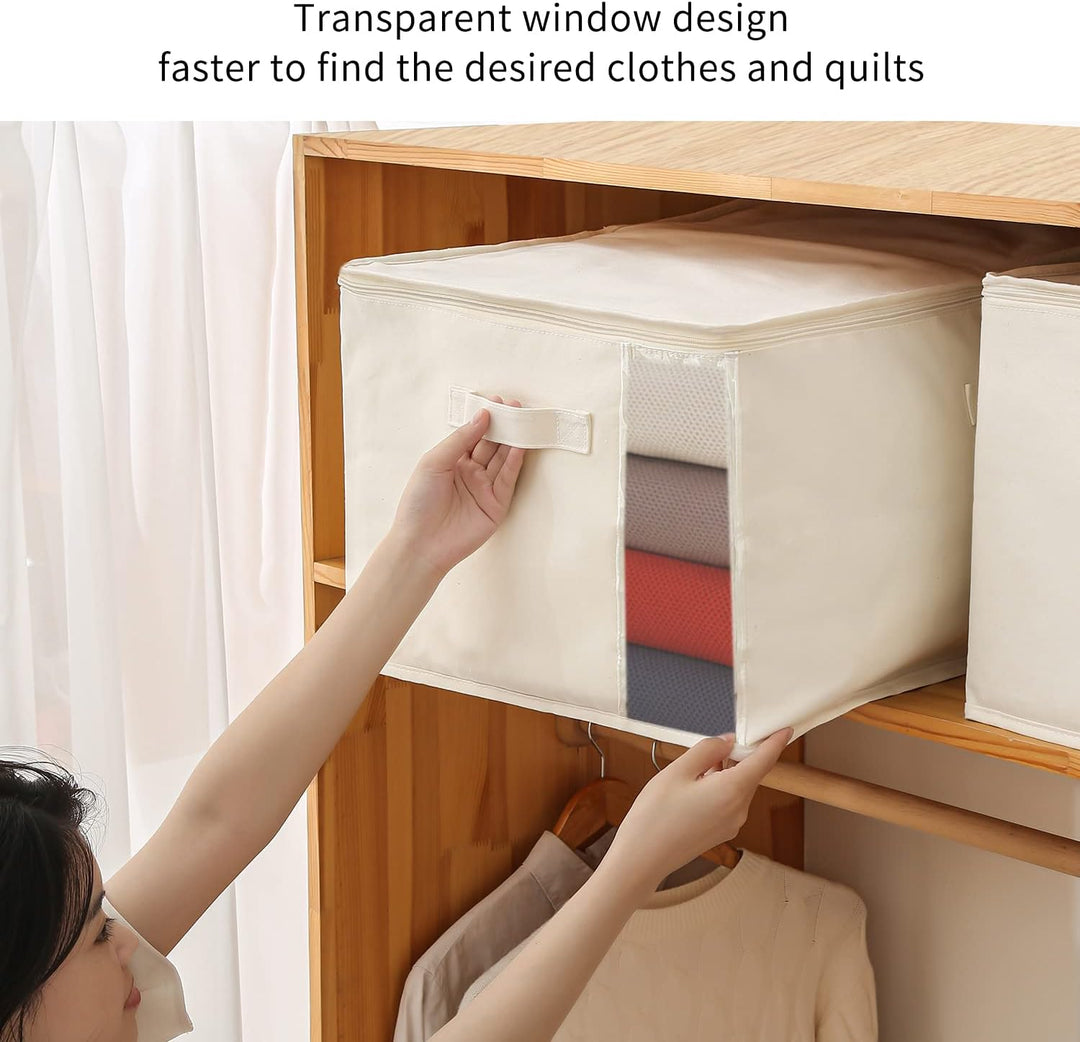 Canvas clothes storage organizer, light color, dual zippers, webbed handles for easy transport.