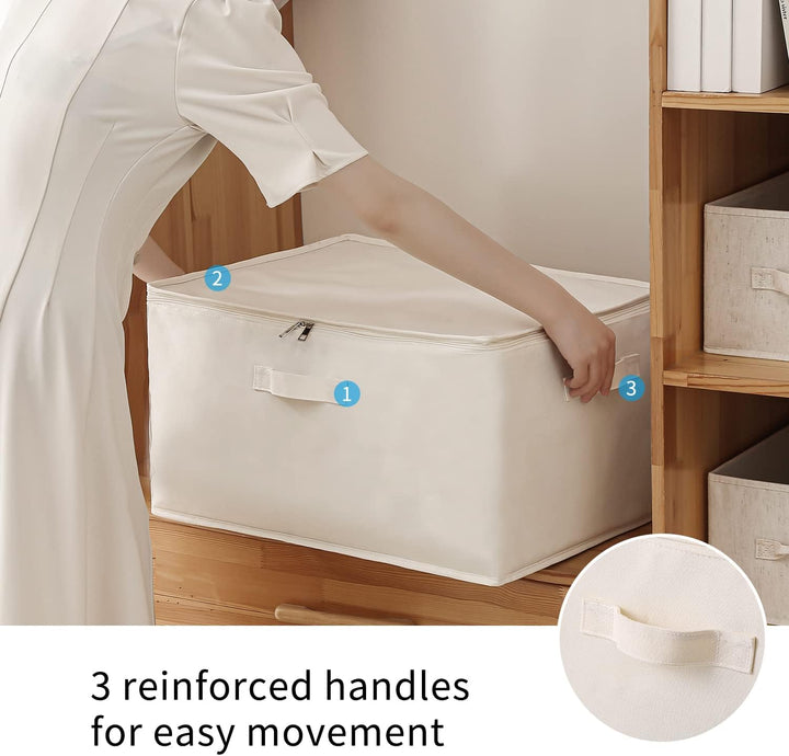 Canvas fabric clothes storage box with dual zipper access, carry handles, and front window panel.