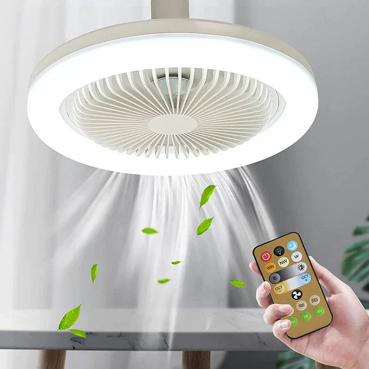 Remote control ceiling fan with dimmable LED light & multiple speed settings for ultimate home comfort.