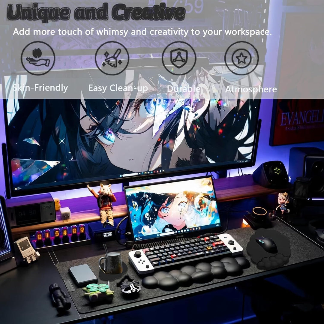 Cloud wrist rest with a wide mouse pad and matching coaster, enhancing desk aesthetics