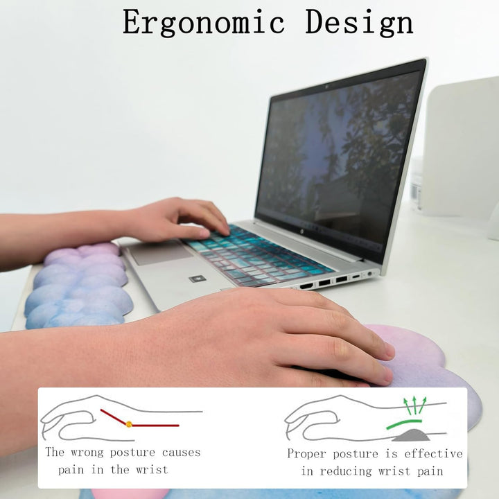 Enhance desk comfort with a white cloud wrist rest, ergonomic mouse pad, and coaster set
