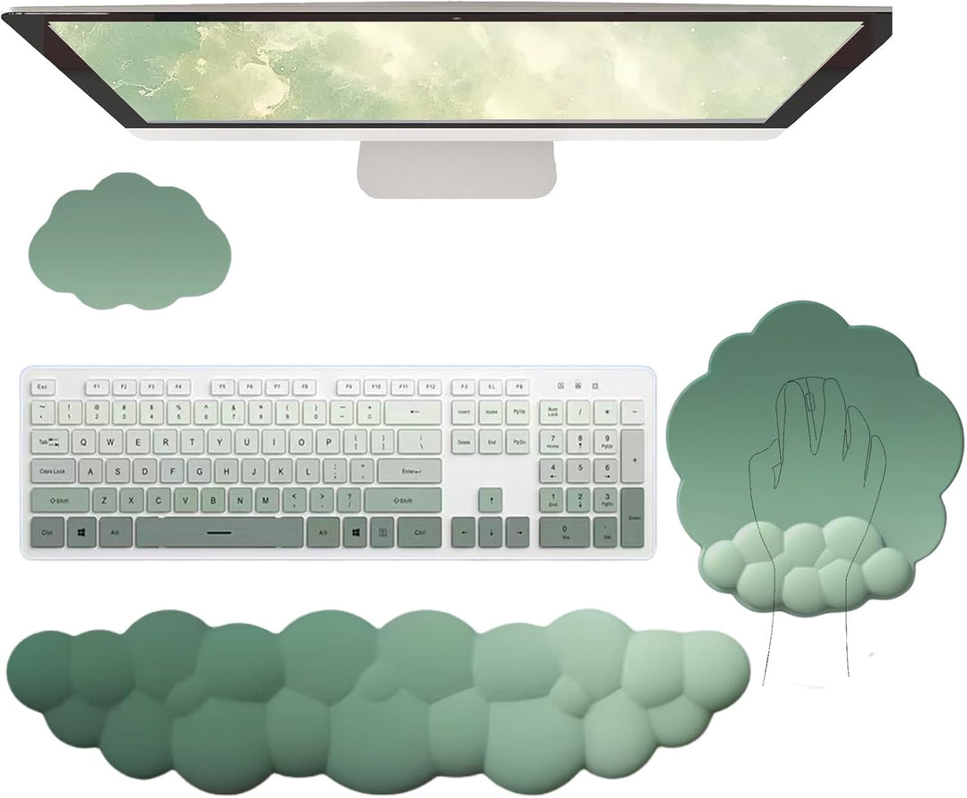 Complete office desk accessory set: cloud wrist rest, mouse pad, and coaster for ergonomics