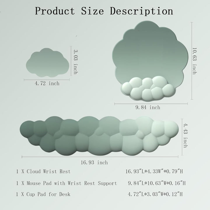 Cloud wrist rest for keyboard, ergonomic mouse pad, and matching coaster for gaming setup