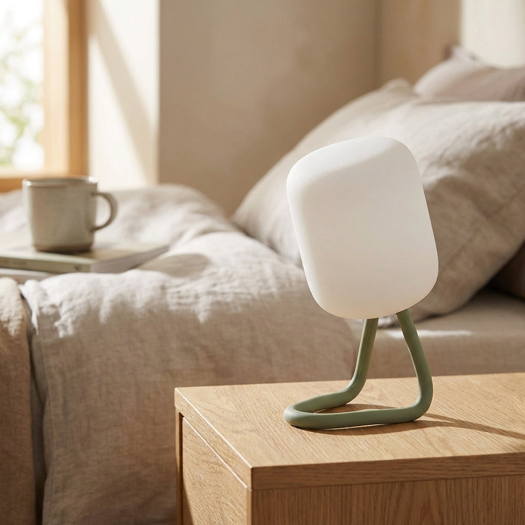 White Compact Portable LED Night Lamp with a soft glow, perfect for bedside or travel, battery-operated