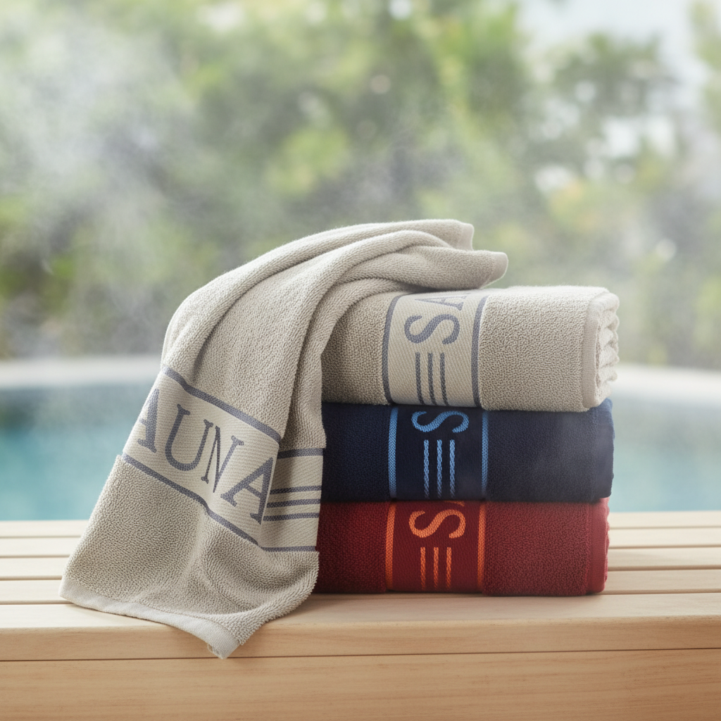 White cotton SaunaEssence towel, premium, absorbent, Oeko-Tex certified for spa, bath, and wellness