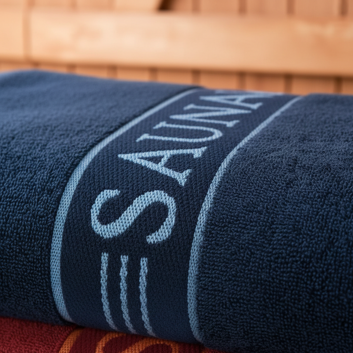 Close-up of fluffy white cotton fibers on a Premium SaunaEssence towel, Oeko-Tex, hypoallergenic