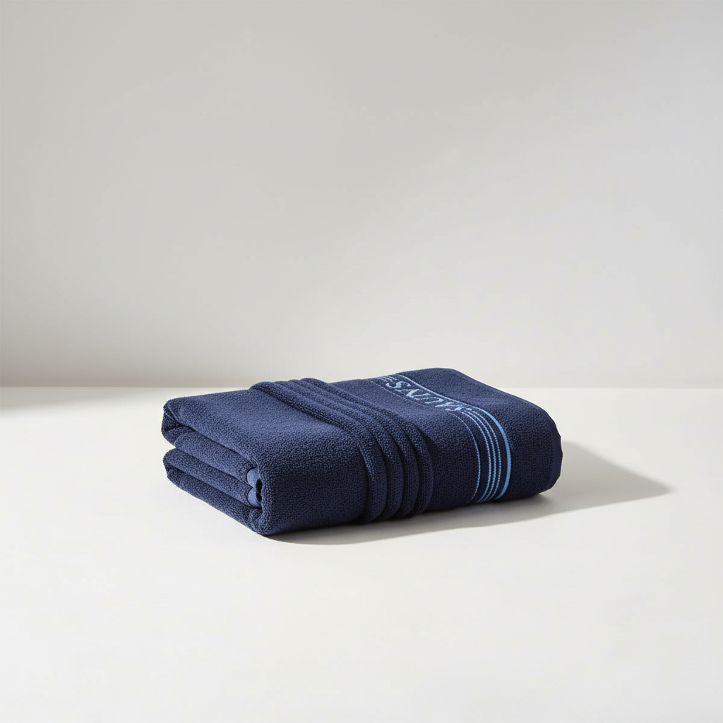 SaunaEssence luxury cotton sauna towel draped over a wooden sauna bench, absorbent and easy care