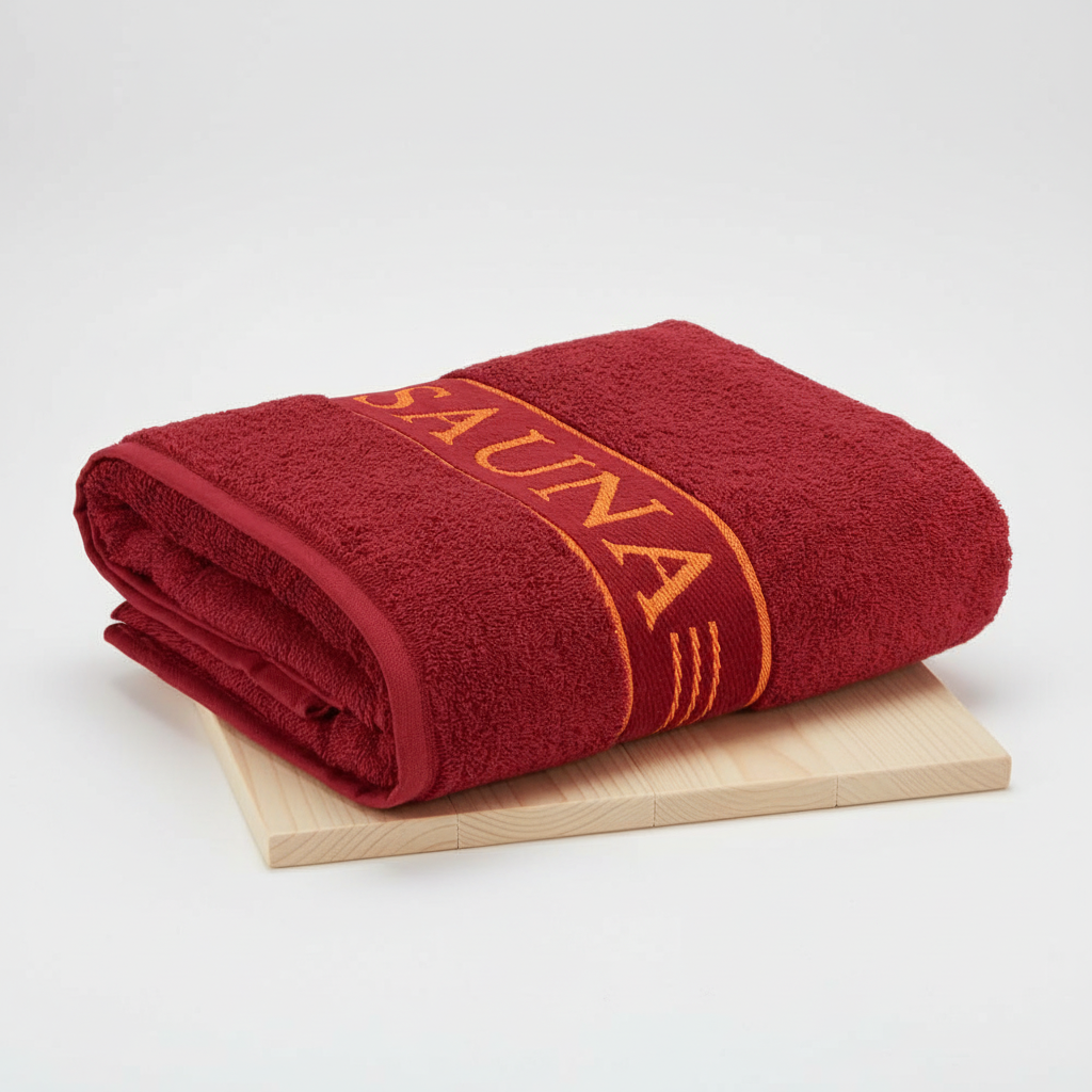 Rolled up SaunaEssence premium cotton bath towel, ideal for spa, absorbent, and hypoallergenic
