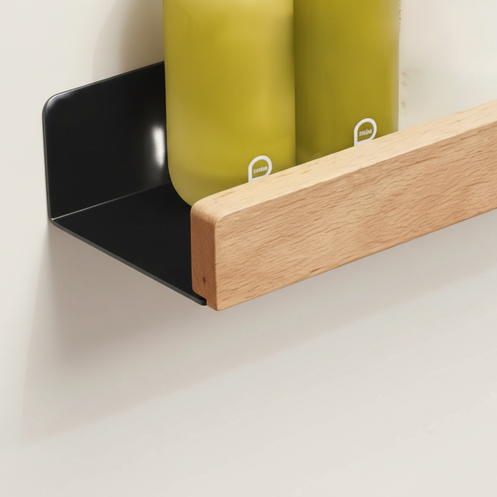 Clear drill-free kitchen wall shelf, ideal for spice organization and extra storage space.