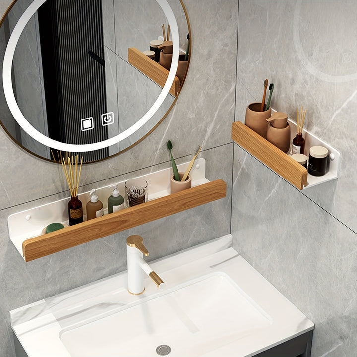 Plastic drill-free wall shelf for versatile homegood storage in bathrooms or kitchens.