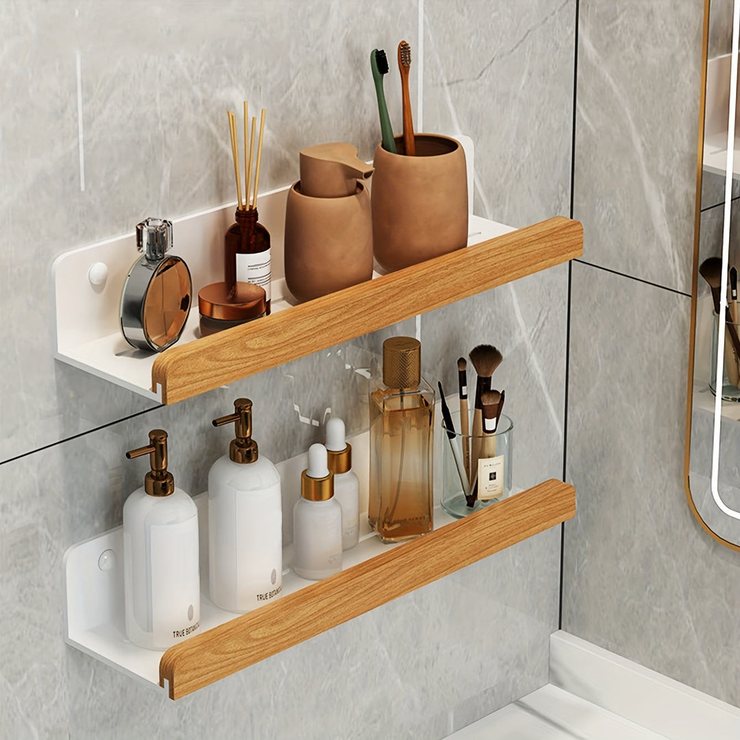 Close-up of the durable adhesive on a drill-free bathroom wall shelf for secure mounting.