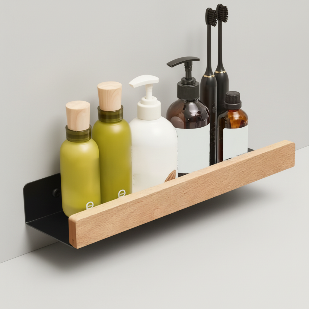 Compact drill-free shower shelf, perfect for small bathrooms and efficient space utilization.