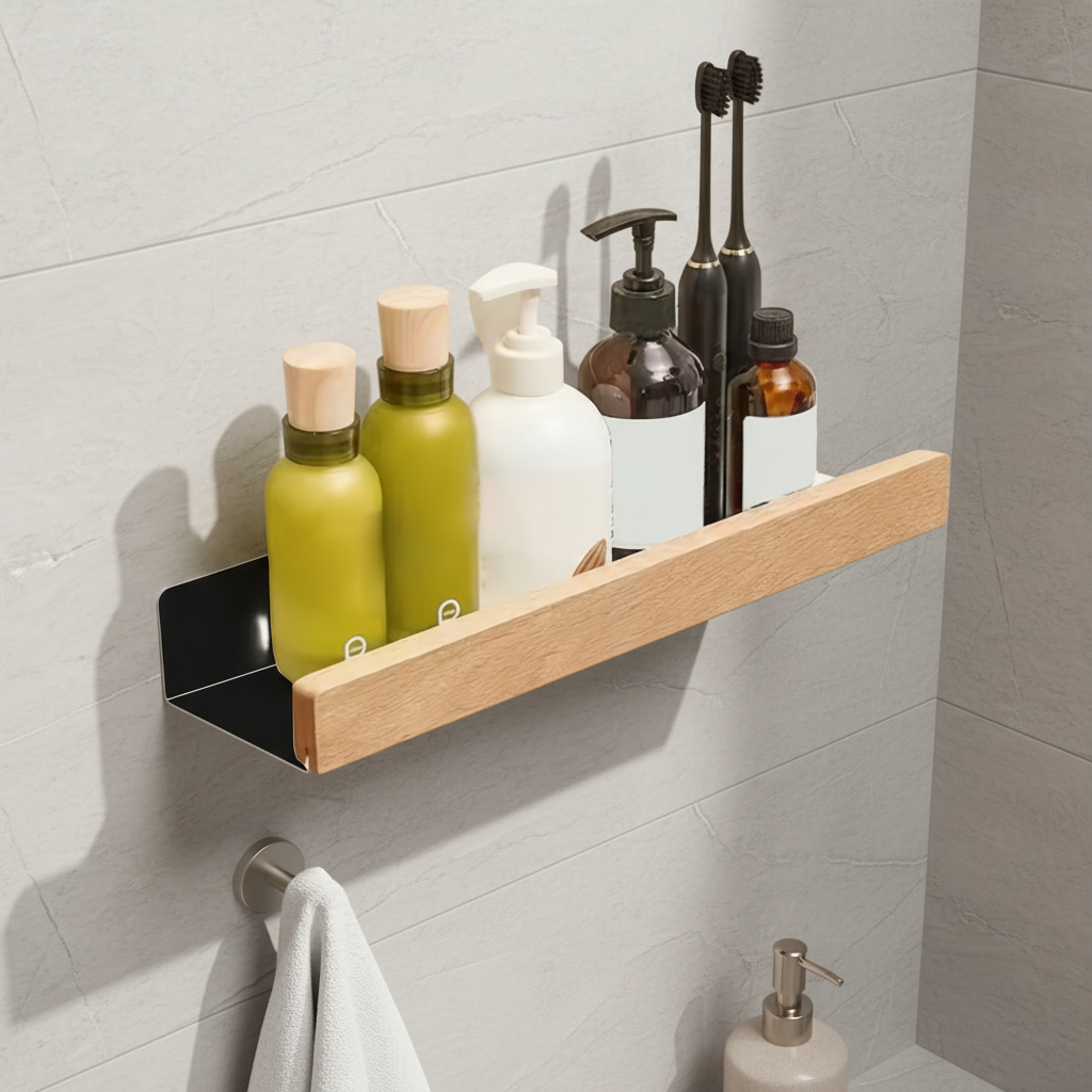 White drill-free shower shelf with hooks, perfect for organizing bath essentials in a compact bathroom space