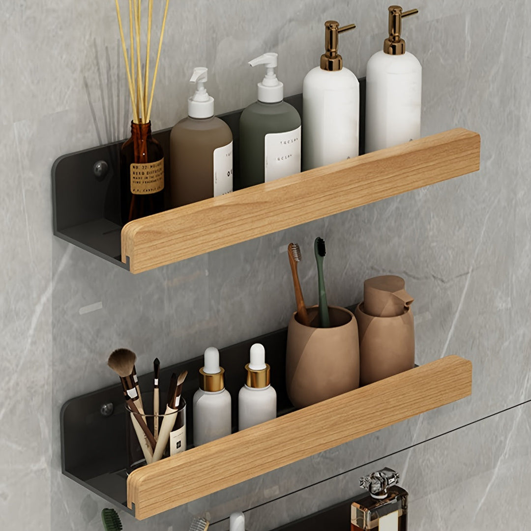 Detail of the drill-free mounting mechanism on the shower shelf, emphasizing its secure and easy installation