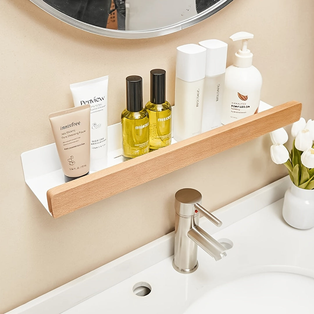 Empty drill-free shower shelf, ready for bathroom essentials, demonstrating its minimalist design and wall-mounted convenience