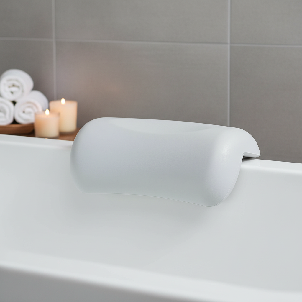 White ergonomic spa bath pillow with anti-slip suction cups for neck support and relaxation in a bathtub.