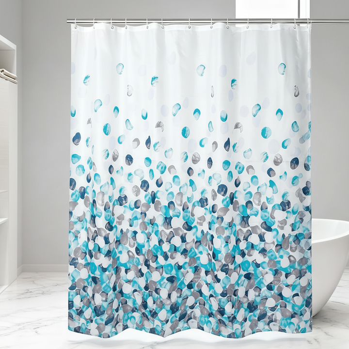 White fabric shower curtain with colorful SplashDot pattern, hooks included, for modern bathrooms
