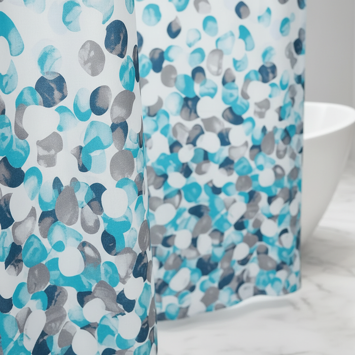 Unisex fabric shower curtain, vibrant SplashDot design, ideal for contemporary bathroom decor