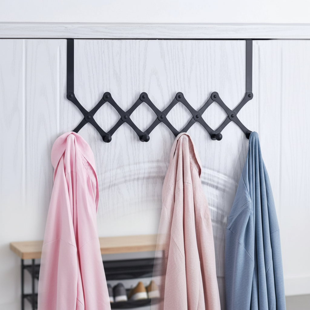 White HookFold multifunctional space-saving hooks organizing entryway coats & bags behind a door