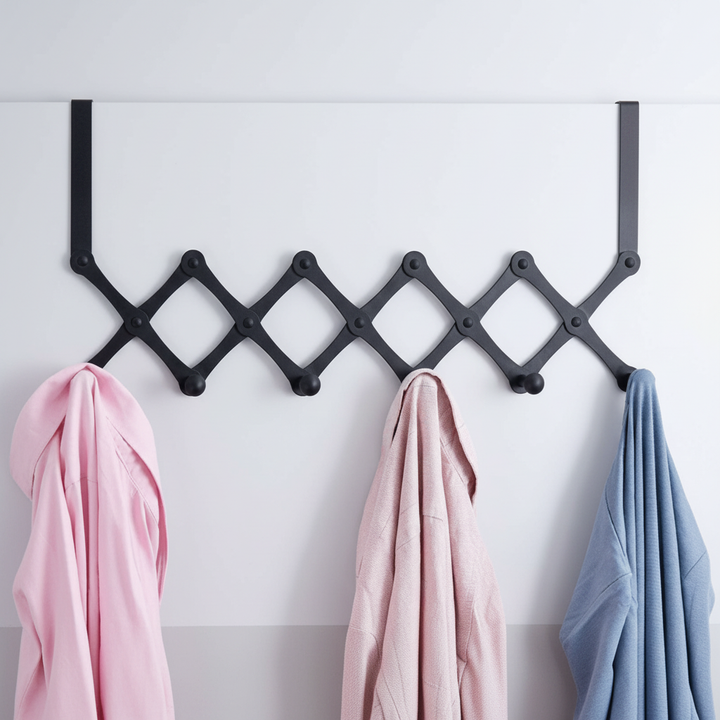Close-up of HookFold space-saving wall hooks holding multiple items, optimizing storage
