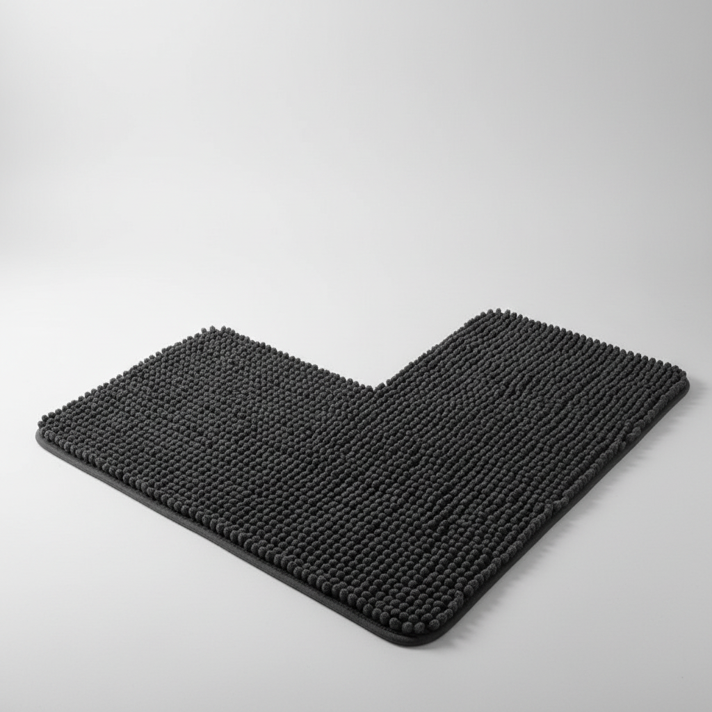 Beige L-shaped non-slip corner shower mat, machine washable for easy home decor maintenance.