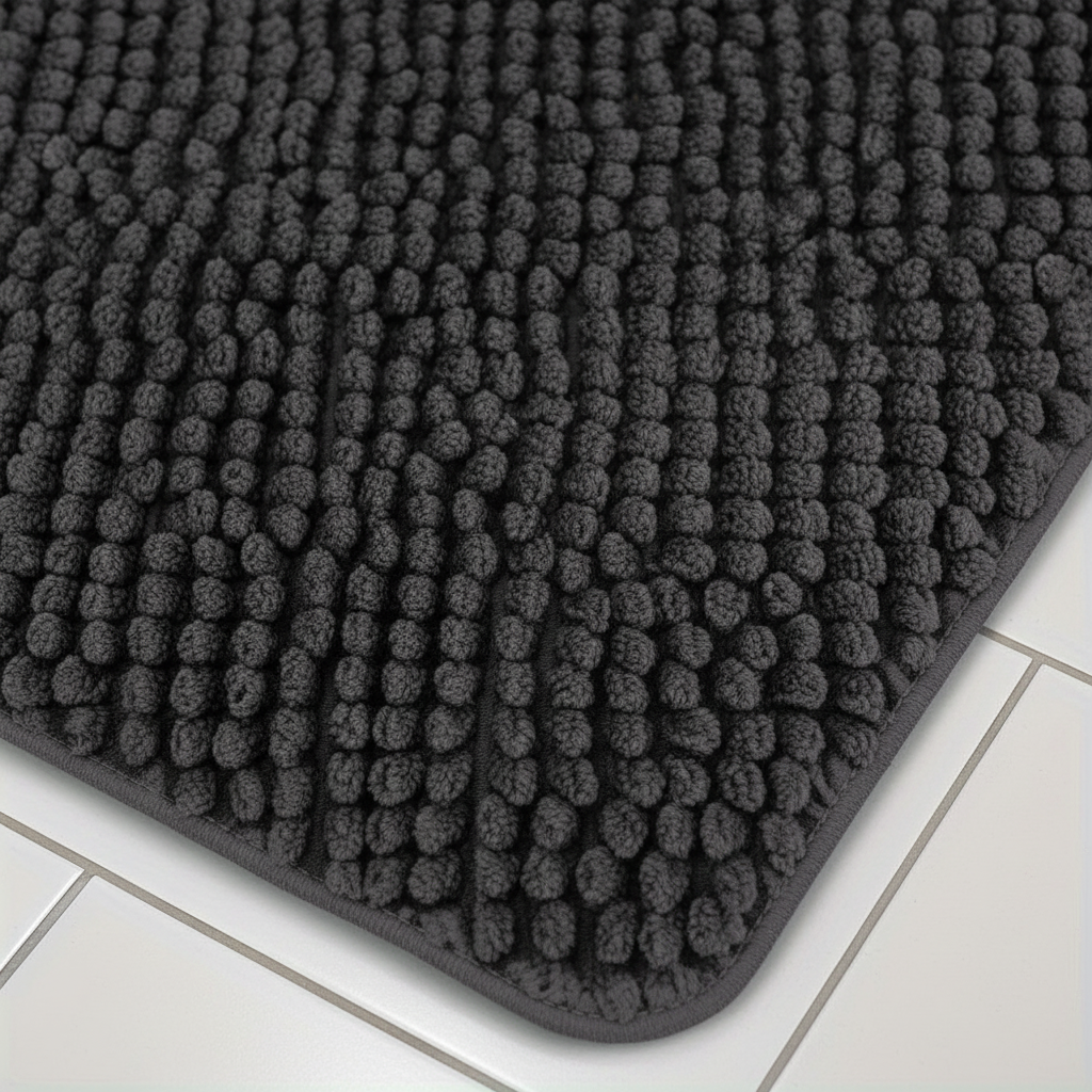 Close-up of a gray L-shaped corner bath mat with textured surface, showing its absorbent quality.